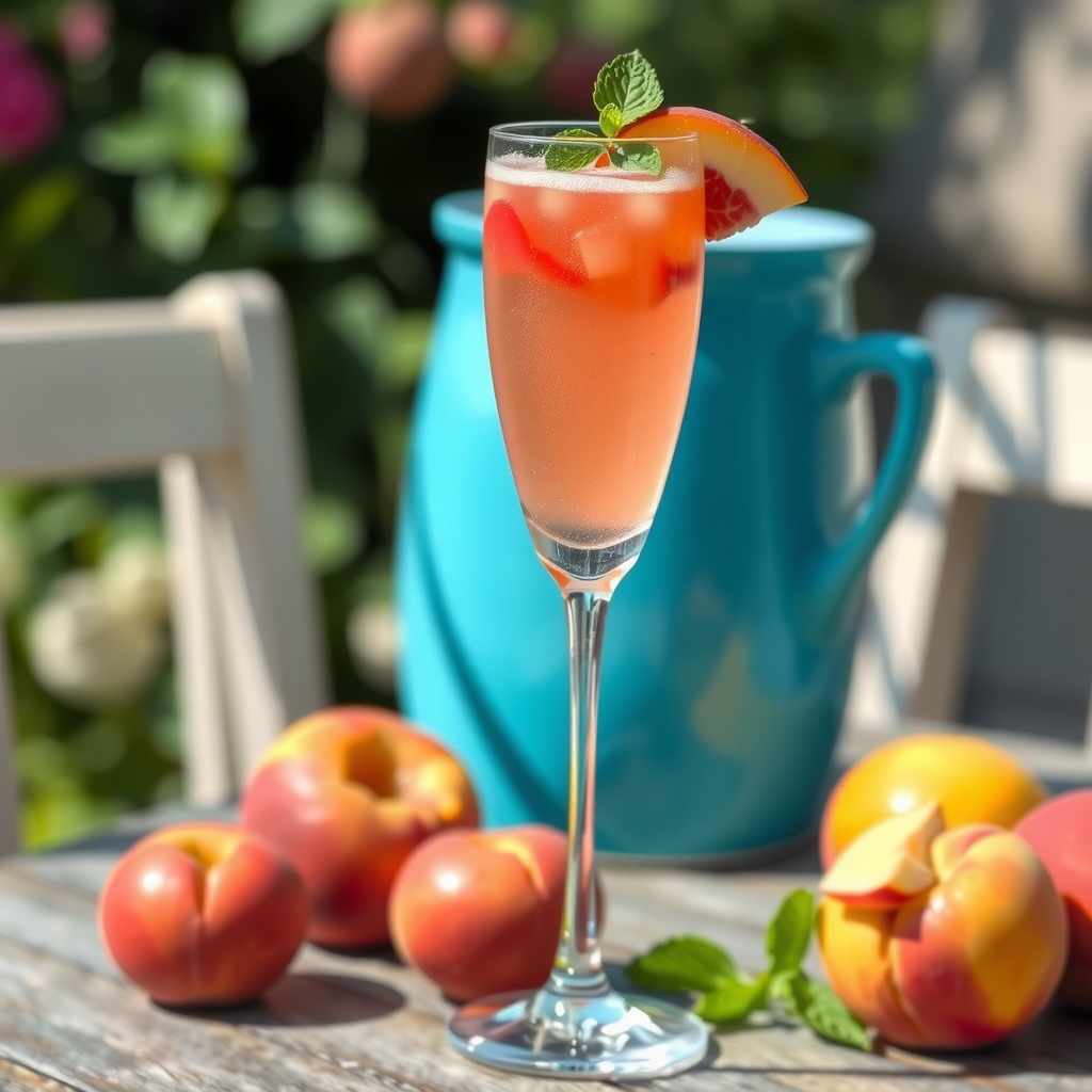 Strawberry Peach Bellini in a flute with mint garnish on a rustic table with fruits.